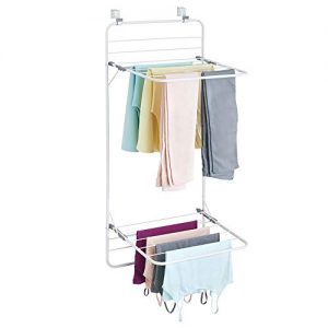 mDesign Long Metal Lightweight Over Door Laundry Drying Rack Organizer, 2 Tiers - for Indoor Air Drying and Hanging Clothing, Towels, Lingerie, Hosiery, Delicates - Folds Compact
