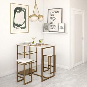 Dorel Living Tanner 3-Piece Brass Pub Set with Faux Marble Top, White
