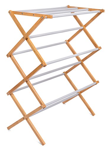 BIRDROCK HOME Folding Steel Clothes Drying Rack - 3 Tier - Water-Resistant Bamboo Wood - Fully Assembled Collapsible Dry Rack - Grey