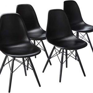 2xhome Set of 4 Mid Century Modern Black Side Armless No Arms Dark Wood Legs Eiffel for Dining Room Chairs Molded Shell Plastic Dowel Metal Desk