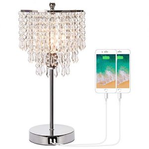 Touch Control Crystal Table Lamp with Dual USB Charging Ports, 3-Way Dimmable Bedside Touch Lamp Decorative Nightstand Lamp with Elegant Lamp Shade for Living Room Bedroom, B11 6W LED Bulb Included