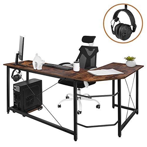 AuAg Modern L-Shaped Home Office Desk with Iron Hook, 66 inch Sturdy Computer PC Laptop Table Corner Desk Workstation Larger Gaming Desk Easy to Assemble 66" x 47.5" x 29" (Vintage Wood)