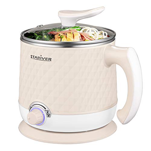 Stariver Electric Hot Pot, 1.8L Electric Cooker, Multi-Functional Mini Pot for Noodles, Soup, Porridge, Dumplings, Eggs, Pasta with Keep Warm Function, Over Heating and Boil Dry Protection, Beige