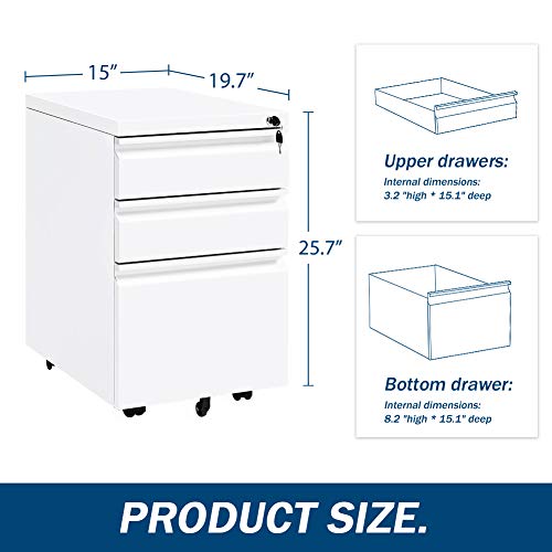White Mobile 3 Drawer Filing Cabinet 26 Inch Locking Rolling File Cabinet White Mobile 3 Drawer Filing Cabinet 26 Inch Locking Rolling File Cabinet with 5 Wheels Pedestal Filing Cabinet for Office Home Metal White A.
