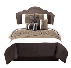 WPM 7 Pieces Complete Bedding Ensemble Brown Taupe Victorian Print Luxury Embroidery Comforter Set Bed-in-a-Bag Bedding-Elizabeth (Queen)