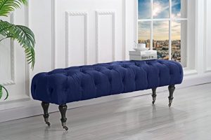 Divano Roma Furniture Classic Tufted Velvet Bedroom Vanity Bench with Casters, Navy