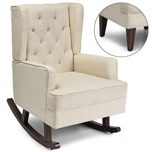 Giantex Nursery Rocking Chair, Modern High Back Fabric Armchair, Comfortable Relax Rocking Chair, Leisure Chair, Relax Chair Covered w/ 2 Forms Chair Feet, Easy Assembly and Concise Style (Beige)