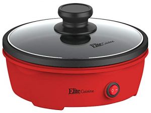 Elite Cuisine EGL-6101 Electric Personal Nonstick Stir Fry Griddle Pan Skillet with Tempered Glass Lid, Rapid Heat Up, High Temperature, On/Off Switch, Indicator Light, 8.5 inch, 650 Watts, Red