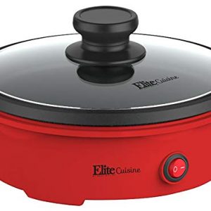 Elite Cuisine EGL-6101 Electric Personal Nonstick Stir Fry Griddle Pan Skillet with Tempered Glass Lid, Rapid Heat Up, High Temperature, On/Off Switch, Indicator Light, 8.5 inch, 650 Watts, Red