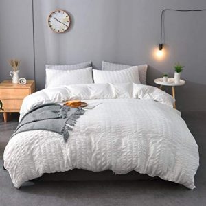 M&Meagle 3 Pieces Textured Duvet Cover White Set with Zipper Closure,100% Washed Microfiber Seersucker Fabric,Luxury Hotel Quality Bedding-King Size(1 Duvet Cover 2 Pillowcases)
