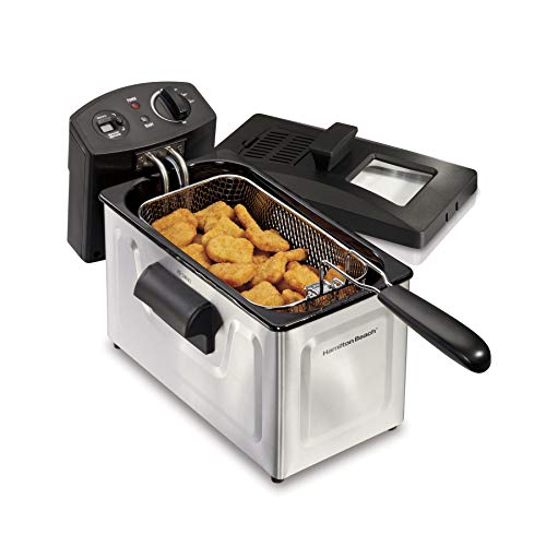 Hamilton Beach Deep Fryer, 12 Cups / 3 Liters Oil Capacity, Frying Basket with Hooks, Lid with View Window, Stainless Steel, Professional Grade, Electric, 1500 Watts (35033)