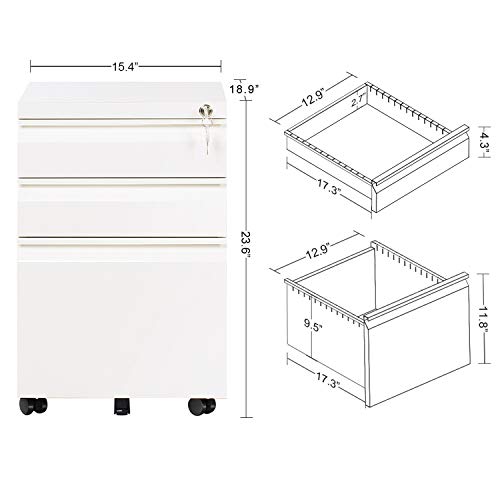 DEVAISE 3 Drawer Mobile File Cabinet with Lock DEVAISE 3 Drawer Mobile File Cabinet with Lock, Fully Assembled Except Casters, Letter / Legal Size, White.