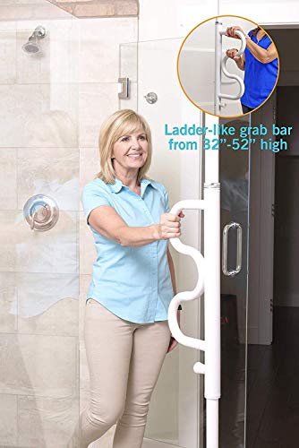 Stander Security Pole and Curve Grab Bar, Elderly Tension Mounted Floor Stander Security Pole and Curve Grab Bar, Elderly Tension Mounted Floor to Ceiling Transfer Pole, Bathroom Safety Assist and Stability Rail, Iceberg White.