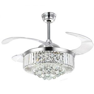 Fandian 42" Crystal Ceiling Fan with Light Remote Control Retractable Blades 3 Speeds 3 Color Changes Lamp Ceiling Chandelier Fixturea, Silent Motor With LED Lighting Board Included,Brushed Silver
