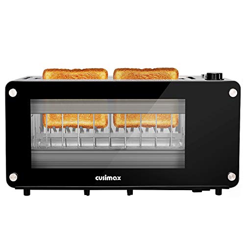 CUSIMAX Glass Toaster 2 Slice Long Slot Toasters with Window, Bangel Toaster, Artisian Bread Toaster Stainless Steel Wide Slot with Automatic Lifting, Slide-out Glass Panel and Removable Crumb Tray