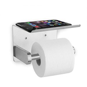 Yazoo Toilet Paper Holder Self Adhesive Toilet Roll Holder with Shelf Stainless Steel Anti Rust Wall Mount TP Holder with Phone Shelf for Bathroom, Brushed Nickel