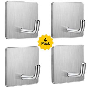 Budding Joy Adhesive Hooks Heavy Duty Stick on Wall Door Cabinet Stainless Steel Towel Coat Clothes Hooks Self Adhesive Holders for Hanging Kitchen Bathroom Home 4 Pack