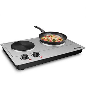 CUSIMAX 1800W Double Hot Plate, Stainless Steel Silver Countertop Burner Portable Electric Double Burners Electric Cast Iron Hot Plates Cooktop, Easy to Clean, CMHP-C180N