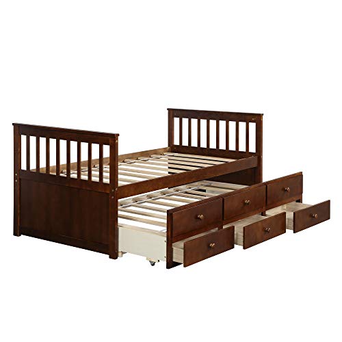 Charming Solid Wood Twin Captains Bed with Trundle and Storage Drawers Charming Solid Wood Twin Captains Bed is a delightful cottage-style bed frame that brings both fashion and functionality to any bedroom. Crafted from sturdy solid wood, this bed frame offers robust support without the need for a box spring. Fitted with thick support slats, it ensures a sound and comfortable night's sleep. Perfect for kids, teens, or guests, this bed features a twin trundle bed that can be pulled out when needed, providing additional sleeping space, making it an excellent bunk bed alternative. 🏡 Cottage-Style Elegance 🏡 - Bring the charming cottage fashion into your bedroom with this solid wood twin captains bed. It adds a touch of rustic beauty that complements any decor style.