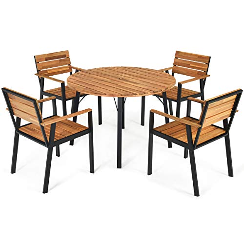 Tangkula 5 PCS Outdoor Patio Dining Set with Umbrella Hole, Garden Dining Furniture w/Round Table & 4 Stacking Armchairs, Acacia Wood Tabletop, Conversation Chat Set for Backyard, Porch, Poolside