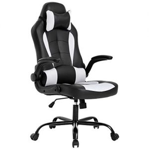 BestOffice PC Gaming Chair Ergonomic Office Chair Desk Chair with Lumbar Support Flip Up Arms Headrest PU Leather Executive High Back Computer Chair for Adults Women Men, Black and White