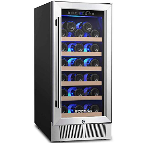 BODEGA 15'' Wine Cooler,Built-in or Freestanding Wine Refrigerator 31 Bottle Fits large Bottle like Champagne and Wine,Single Zone Temperature Memory Function With Stainless Steel Housing,Glass Door