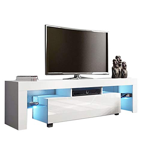 Modern White TV Stand with LED Lights, High Gloss TV Stand for 43/55/50/65 Inch TV LED TV Stand with Storage and 1 Drawers Living Room Furniture (White)