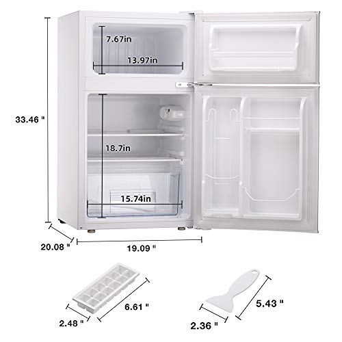 Joy Pebble Compact Double Door Refrigerator and Freezer Pleasure Pebble Compact Double Door Fridge and Freezer, 3.2 cu.ft Freestanding mini Fridge Appropriate for Workplace, Dorm or House with Adjustable Detachable Glass Cabinets (white).