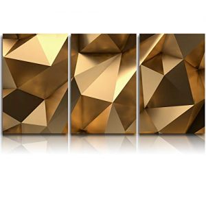 Vandarllin 3 Piece Canvas Wall Art Oil Painting Luxury Gold 3D Geometric, Morden Artwork Picture Prints Abstract Polygonal Background, Framed Ready to Hang for Living Room Office Bedroom 12x16inchx3
