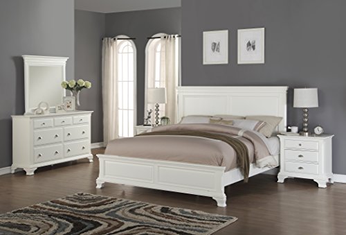 Roundhill Furniture Laveno 012 White Wood Bedroom Furniture Set, Includes Queen Bed, Dresser, Mirror and 2 Night Stands