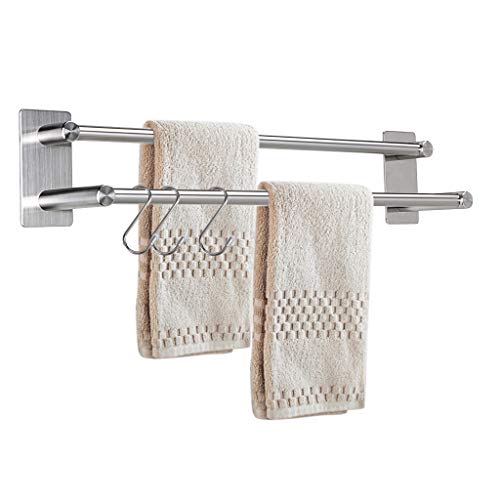 Sumnacon 21.4 Inch 2 Bars Self Adhesive Towel Bar Racks - Stainless Steel Bath Towel Holder Organizer with 3 Hooks, Contemporary Style Brushed Finish Towel Bar Holder for Bathroom Kitchen Bedroom