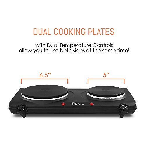 Maxi-Matic Countertop Double Electric Hot Burner, Dual Temperature Controls Maxi-Matic Countertop Double Electrical Scorching Burner Twin Temperature Controls, Flat forged iron heating plates, Energy Indicator Lights, Straightforward to Clear, 1500 Watts, Black.