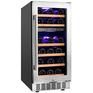 【Upgraded】Aobosi 15 Inch Wine Cooler, 28 Bottle Dual Zone Wine Refrigerator with Stainless Steel Tempered Glass Door, Temp Memory Function, Fit Champagne Bottles, Freestanding and Built-in Style