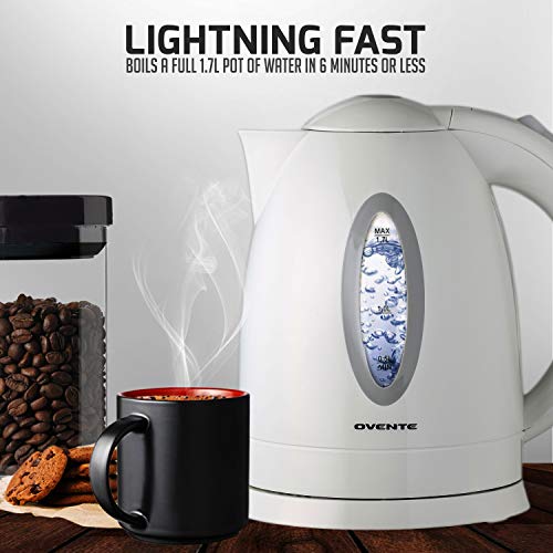 Ovente Electric Water Kettle 1.7 Liter with LED Indicator Light Ovente Electrical Water Kettle 1.7 Liter with LED Indicator Mild, 1100 Watts Quick &amp; Hid Heating Component, BPA-Free, Auto Shutoff Operate and Boil Dry Safety, White (KP72W).