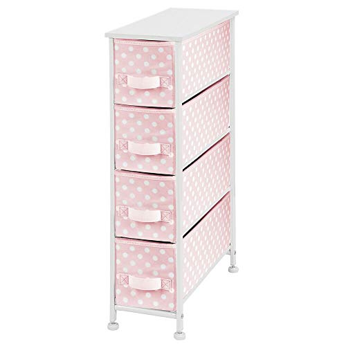 mDesign Narrow Vertical Dresser Drawers - Sturdy Steel Frame mDesign Slim Vertical Dresser Drawers - Sturdy Metal Body, Wooden High, four Straightforward Pull Cloth Bins - Organizer Unit for Youngster/Youngsters Room or Nursery - Polka Dot Sample - Pink with White Dots.
