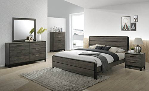 Roundhill Furniture Ioana 187 Antique Grey Finish Wood Bed Room Set, Queen Size Bed, Dresser, Mirror, Night Stand, Chest