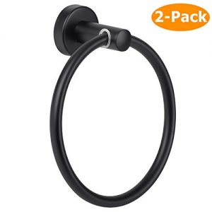 Towel Ring Black, Bathroom Hand Towel Holder Ring, Polished Shiny Black Bath Towels Hanger Hook, Round Rustproof Stainless Steel Kitchen Rings with Wall Mounted Hardware (2 Pack, Drill Needed)