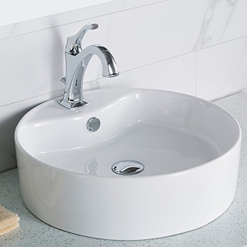 KRAUS KCV-142 Elavo Round Vessel Porcelain Ceramic Bathroom Sink 18 Inch in White with Overflow
