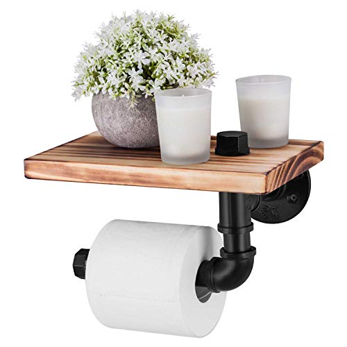 Elibbren Industrial Toilet Paper Holder with Rustic Wooden Shelf and Cast Iron Pipe Hardware, Pipe Toilet Paper Holder for Bathroom, Washroom