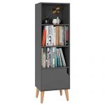 Homfa 4 Tier Floor Cabinet, Free Standing Wooden Display Bookshelf with 4 Legs and 1 Door, Side Corner Storage Cabinet Decor Furniture for Home Office, Gray
