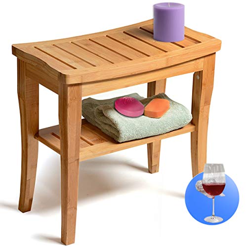 Bamboo Shower Bench Seat Wooden Spa Bath Deluxe Organizer Stool With Storage Shelf For Seating Chair Perfect For Indoor Or Outdoor - Plus Free Value Gift Including -One Year Warranty. By House Ur Home
