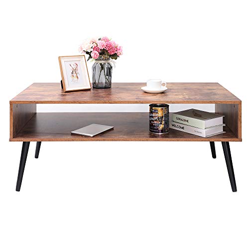 IWELL Mid-Century Coffee Table with Storage Shelf for Living Room, Mid-Century Style Cocktail Table, TV Table, Rectangular Sofa Table, Office Table, Solid Elegant Functional Table, CFZ003F