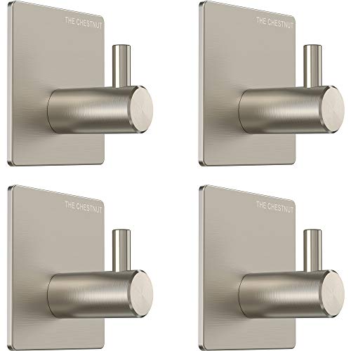 The Chestnut Wall Hooks Adhesive for Hanging Towels - Set of 4 - Premium Adhesive Hooks Heavy Duty - Towel Hooks for Bathrooms - Robe Hook Brushed Nickel - Sticky Hanging Wall Hangers Without Nails