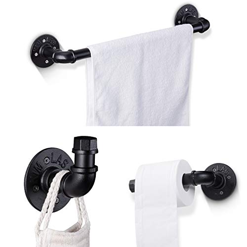 Elibbren Industrial Pipe Bathroom Hardware Fixture Set Heavy Duty DIY Wall Mount Accessories Kit Includes Robe Hook, 18 Inch Towel Bar and Toilet Paper Holder