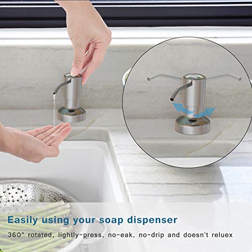 Soap Dispenser for Kitchen Sink - Stylish and Practical Elegance Soap Dispenser for Kitchen Sink, with its brushed nickel stainless steel construction, is not just a functional addition but also an elegant enhancement for your kitchen. Built to last, this soap dispenser is designed to resist corrosion, ensuring it remains a lasting fixture in your kitchen. It offers two easy installation options, complete with a 17-ounce bottle and a 39-inch extension tube, making refilling a breeze. You can either connect the dispenser directly to the bottle for a mess-free top refill or use the tube kit to attach the dispenser pump to the large-capacity bottle. This versatile soap pump serves multiple functions, acting as a dish soap dispenser, hand soap dispenser, or even a lotion or detergent dispenser. With a 360° rotatable 3-inch nozzle, it prevents soap splashes, leaks, and drips, ensuring a mess-free experience. Enjoy the convenience, elegance, and ease of use that this soap dispenser brings to your kitchen. 🍽️ Kitchen Elegance: The Soap Dispenser for Kitchen Sink enhances the elegance of your kitchen with its brushed nickel stainless steel design. It's not just functional; it adds a touch of sophistication to your space.