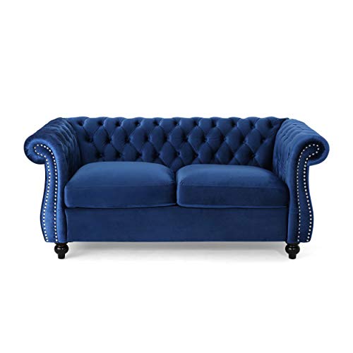 Christopher Knight Home 306027 Karen Traditional Chesterfield Loveseat Sofa, Navy Blue and Dark Brown, 61.75 x 33.75 x 27.75
