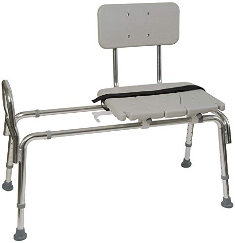 Tub Transfer Bench and Sliding Shower Chair Tub Transfer Bench and Sliding Shower Chair Made of Heavy Duty Non Slip Aluminum Body and Seat with Adjustable Seat Height and Cut Out Access Holding Weight Capacity up to 400 lbs, Gray.