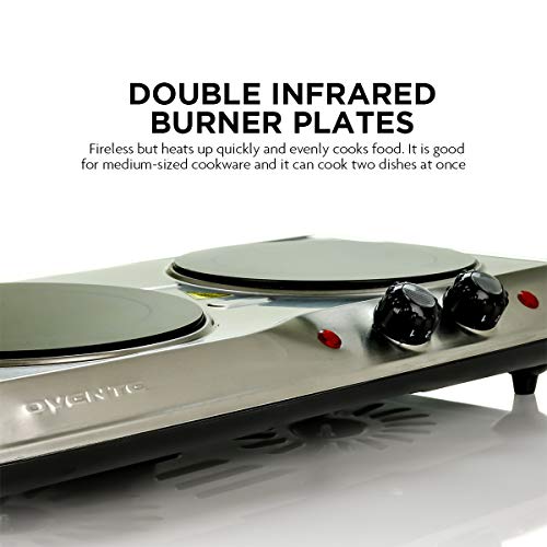 Ovente Electric Glass Infrared Burner, 7 Inch, Double Hot Plate Ovente Electrical Glass Infrared Burner 7 Inch Double Scorching Plate with Temperature Management, Highly effective 1700 Watts with Fireplace Resistant Steel Housing, Indicator Gentle, Compact and Moveable, Silver (BGI102S).