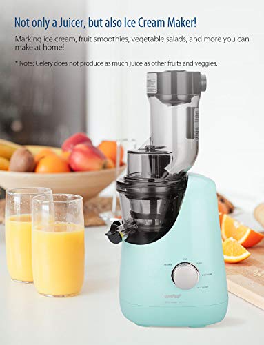 COMFEE' BPA Free Masticating Juicer Extractor with Ice Cream COMFEE' BPA Free Masticating Juicer Extractor with Ice Cream Maker Operate. 3.4inch Massive Chute. 55RPM Sluggish Chilly Press Masticating and Grinding. Excessive Yield.Quiet Motor. Reverse Operate. Mint Inexperienced.