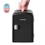 Chefman Mini Portable Compact Personal Fridge Cools & Heats, 4 Liter Capacity Chills Six 12 oz Cans, 100% Freon-Free & Eco Friendly, Includes Plugs for Home Outlet & 12V Car Charger, Black